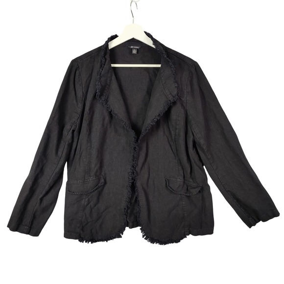 VERSONA Linen Blend Frayed Blazer Jacket Black Career Event Lightweight Womens L - Picture 1 of 9